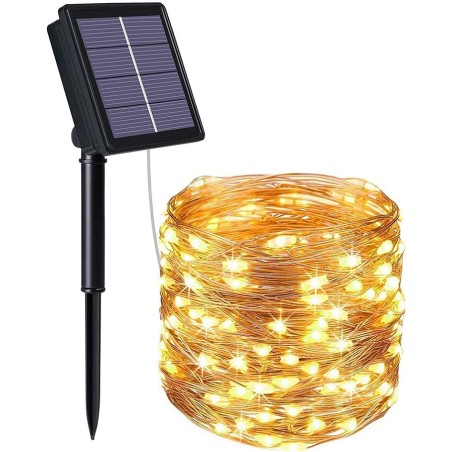 Striscia LED luce calda in filo di rame 10m 100 led con pannello solare