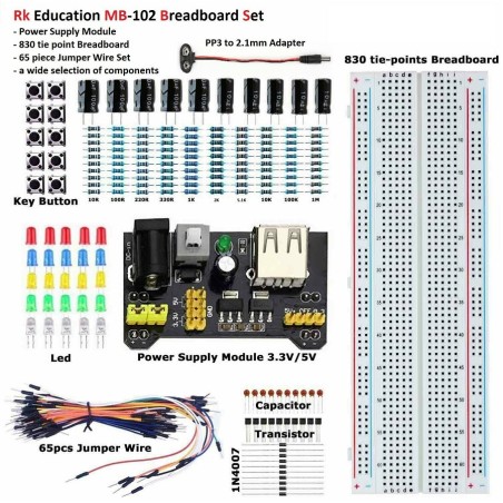 Kit componenti elettronici diodi/condensatori/pulsanti con breadboard e modulo di alimentazione 3.3V/5V MB102